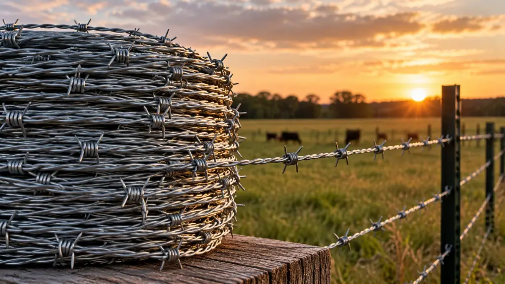 Barbed wire installed with steel T-posts across pasture fencing for farm, ranch, livestock, agricultural, and large-property fence projects.