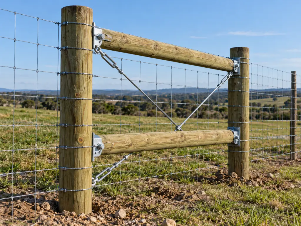 Brace posts and assemblies supporting woven wire fencing for farm, ranch, livestock, agricultural, and contractor fence projects.