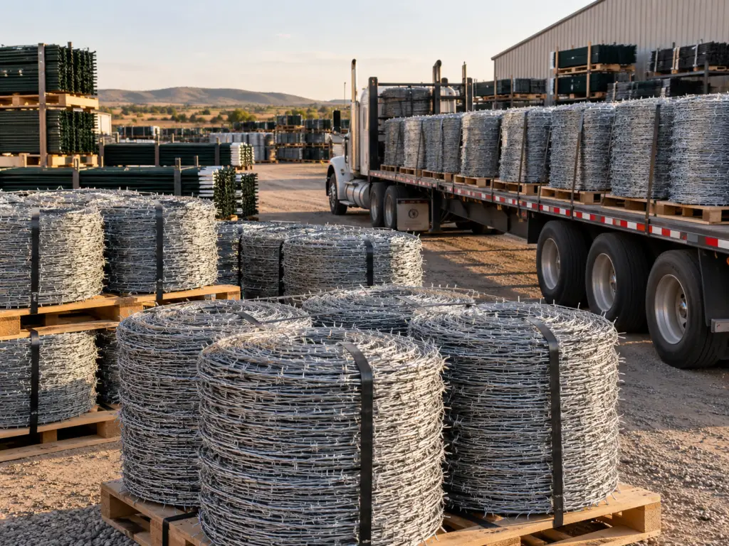 Bulk barbed wire rolls stacked on pallets and loaded for freight delivery to farm, ranch, livestock, agricultural, and contractor fencing projects.