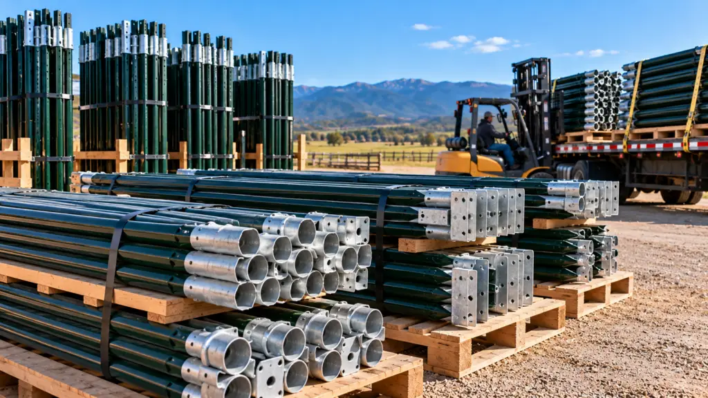 Bulk corner and brace posts with hardware stacked on pallets for farm, ranch, livestock, agricultural, contractor, and large fencing projects.