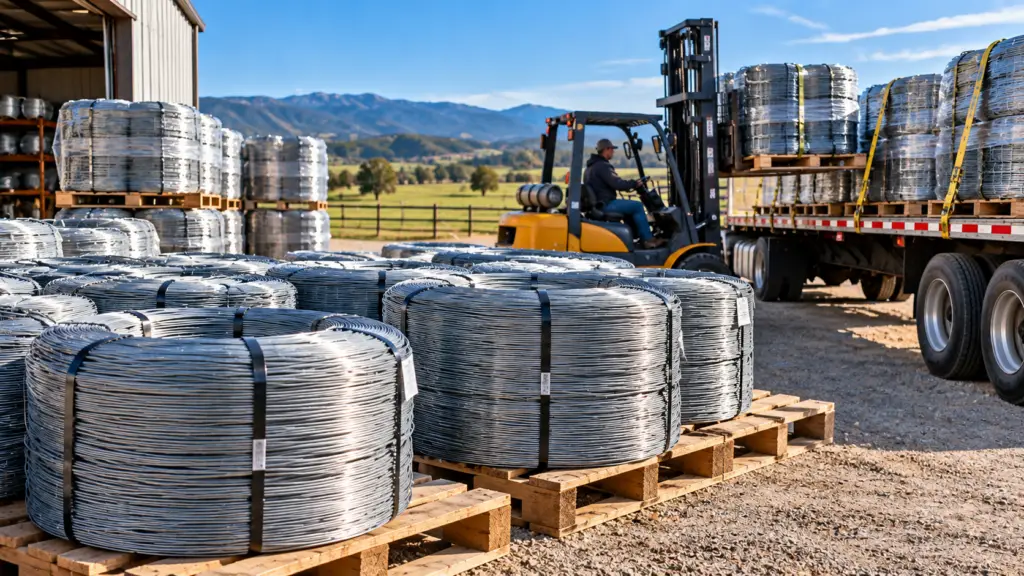 Bulk high-tensile wire coils stacked on pallets and prepared for freight delivery to farm, ranch, livestock, agricultural, and contractor fencing projects.