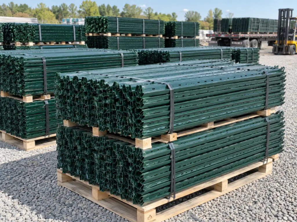 Palletized green painted steel T-posts stacked in bulk quantities for farm, ranch, agricultural, contractor, and commercial fencing projects.