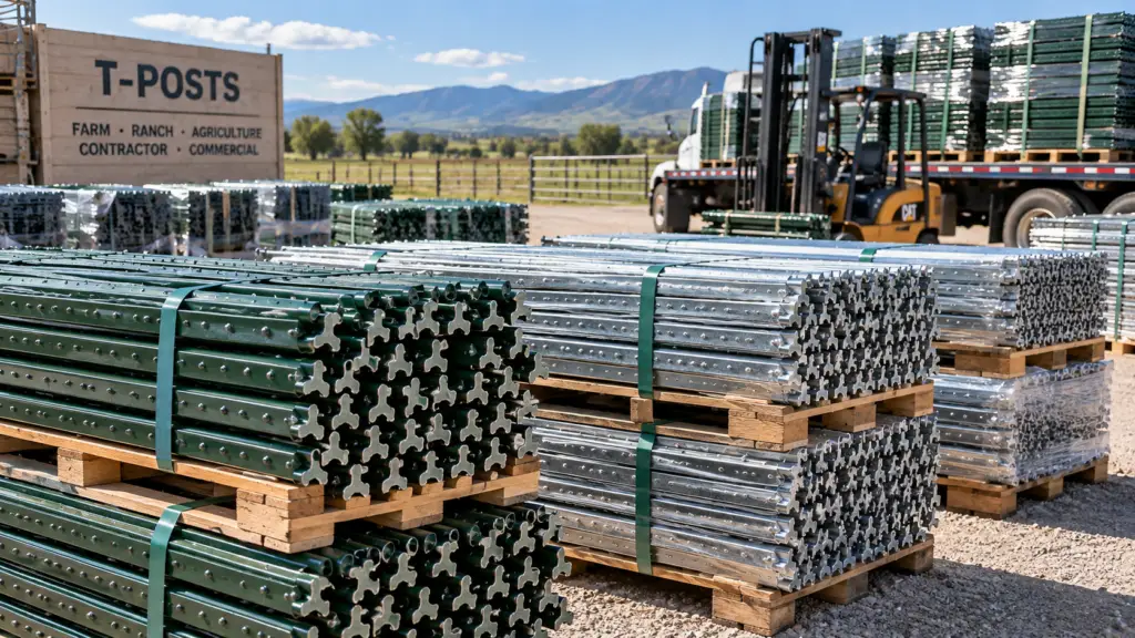 Palletized painted and galvanized studded steel T-posts staged for bulk farm, ranch, contractor, and commercial fence orders.