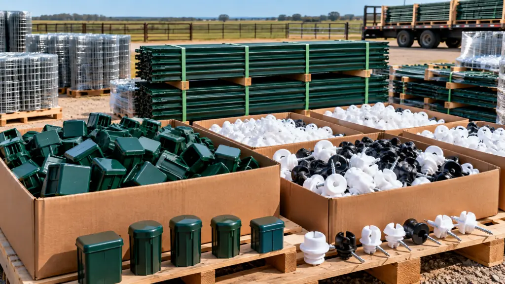 Bulk green T-post caps and electric fence insulators packed in large quantities beside steel T-posts and wire fencing for farm, ranch, and contractor projects.
