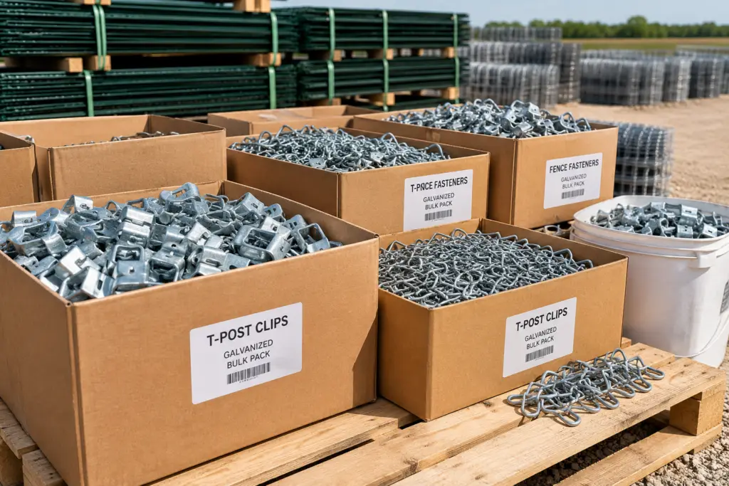 Bulk boxes of galvanized T-post clips and fence fasteners staged with bundled steel T-posts and wire fencing for large farm, ranch, and contractor projects.