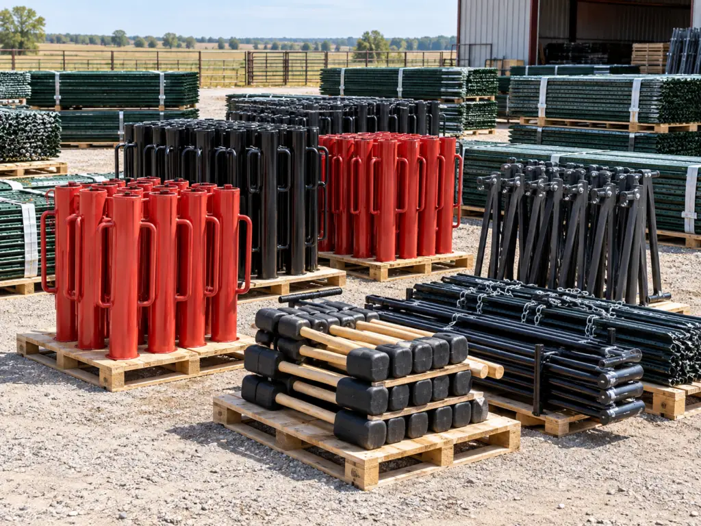 Bulk T-post drivers, post pullers, mallets, and fence installation tools organized on pallets beside bundled steel T-posts for farm, ranch, agricultural, and contractor projects.