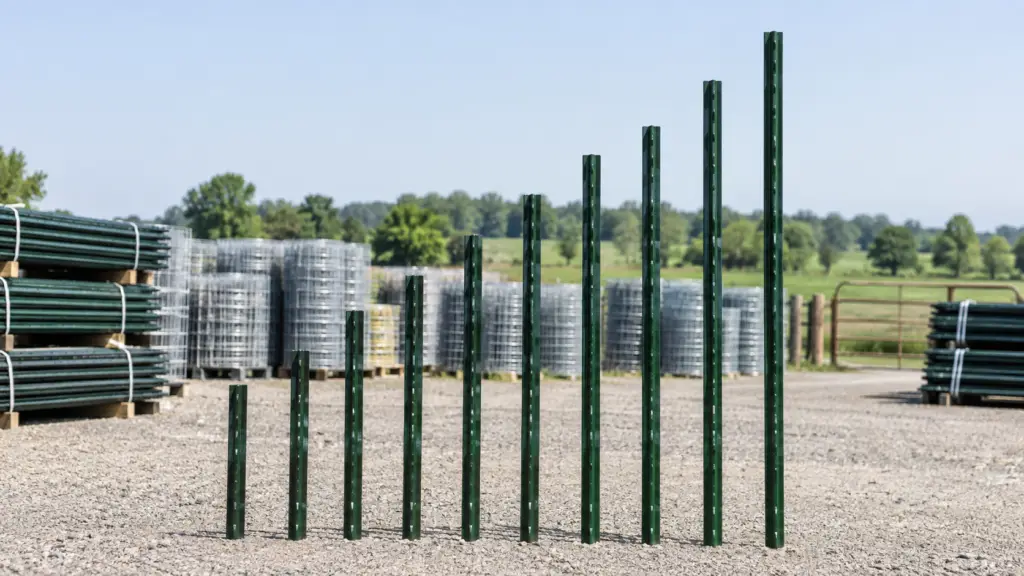 Steel T-posts in multiple lengths displayed in ascending order at a farm supply yard to show common options for fence height, embedment, and installation planning.