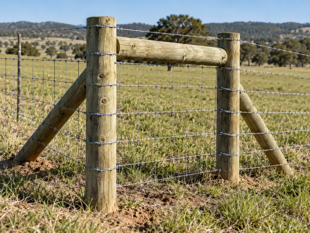Corner posts and brace assemblies supporting woven wire and barbed wire fencing for farm, ranch, livestock, agricultural, and contractor fence projects.