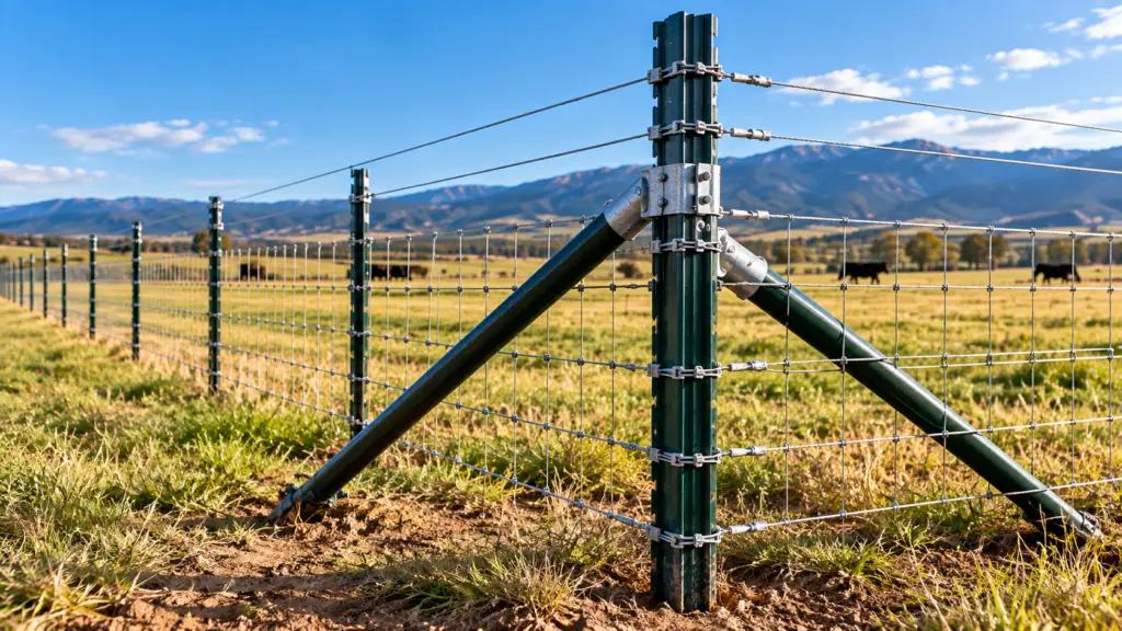 Corner and brace posts supporting woven wire and high-tensile fencing for farm, ranch, livestock, agricultural, and contractor fence projects.
