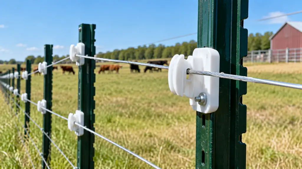 White electric fence insulators mounted on green steel T-posts with wire fencing across a farm pasture for livestock containment.