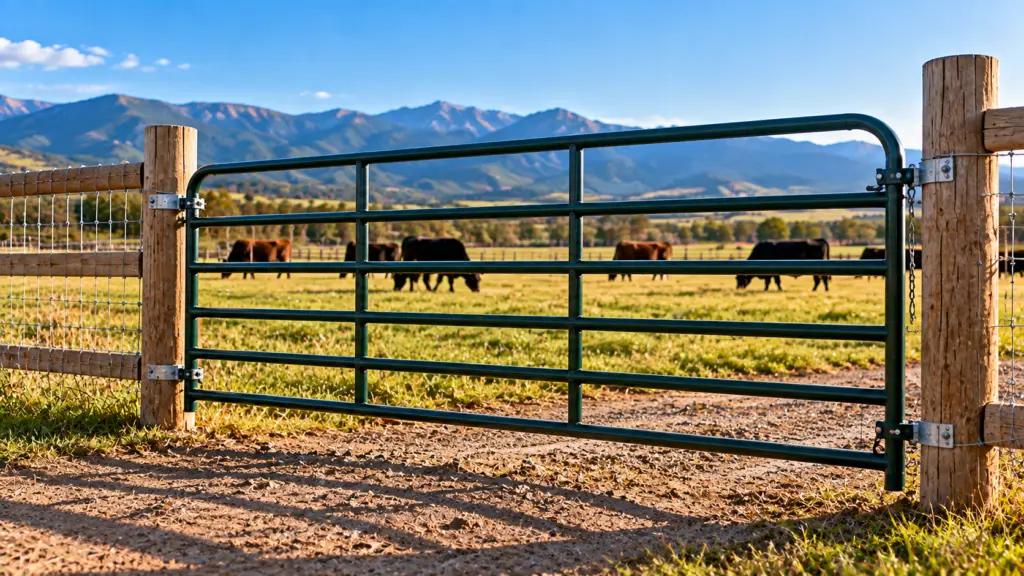 Farm and ranch gates installed between fence posts for livestock, pasture, agricultural, contractor, and large-property fencing projects.