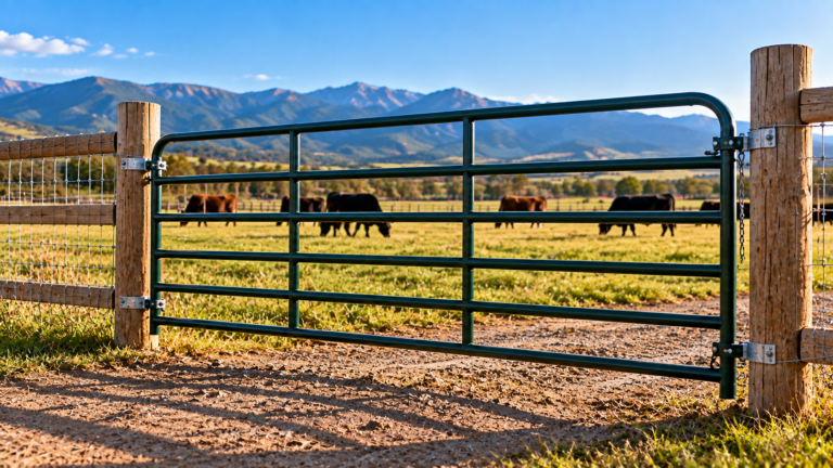 Farm and ranch gates installed between fence posts for livestock, pasture, agricultural, contractor, and large-property fencing projects.