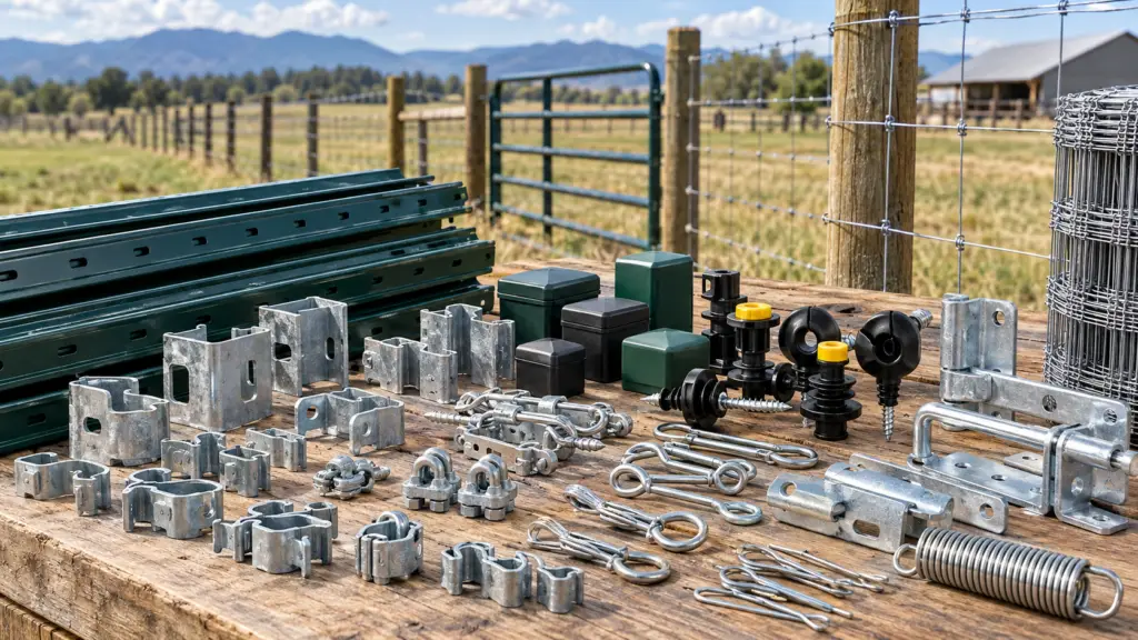 Fence hardware and accessories including clips, fasteners, insulators, brackets, gate hardware, and T-post accessories for farm, ranch, livestock, agricultural, and contractor fencing projects.