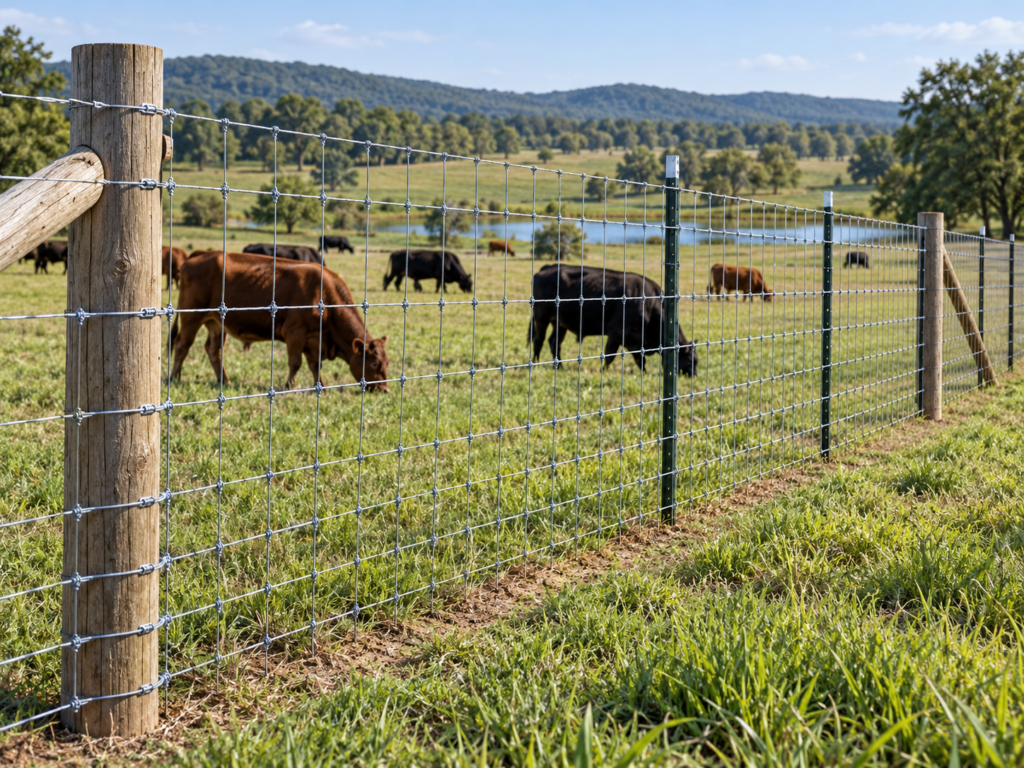 Field fence installed with steel T-posts and wood braces around cattle pasture for livestock, farm, ranch, and agricultural fencing projects.