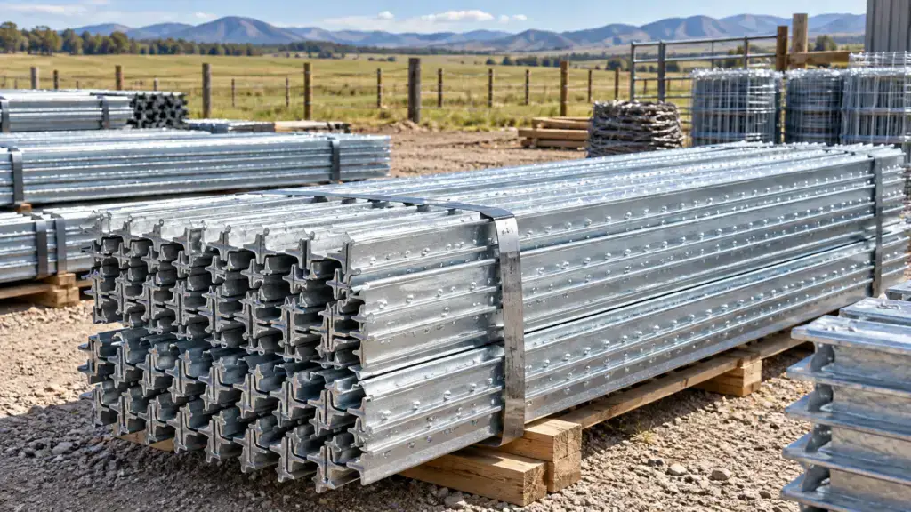 Bundled galvanized steel T-posts stacked in a rural supply yard for bulk farm, ranch, agricultural, contractor, and commercial fencing projects.