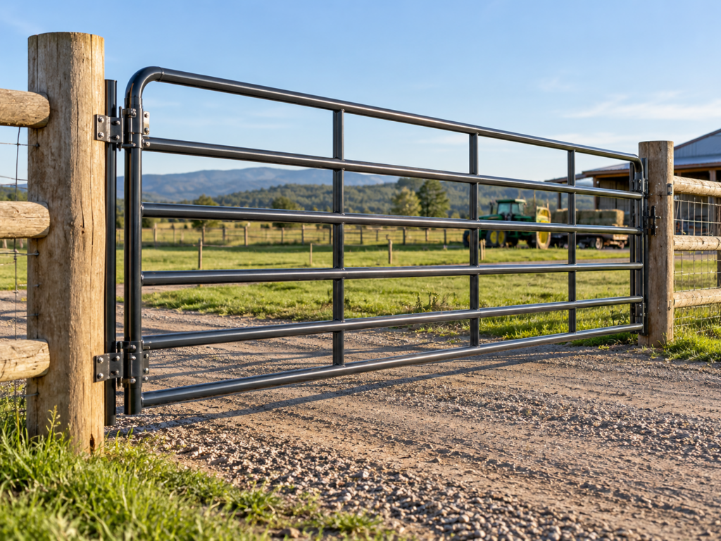 Heavy-duty farm and ranch gate installed for livestock, equipment, agricultural, and contractor access on large fencing projects.