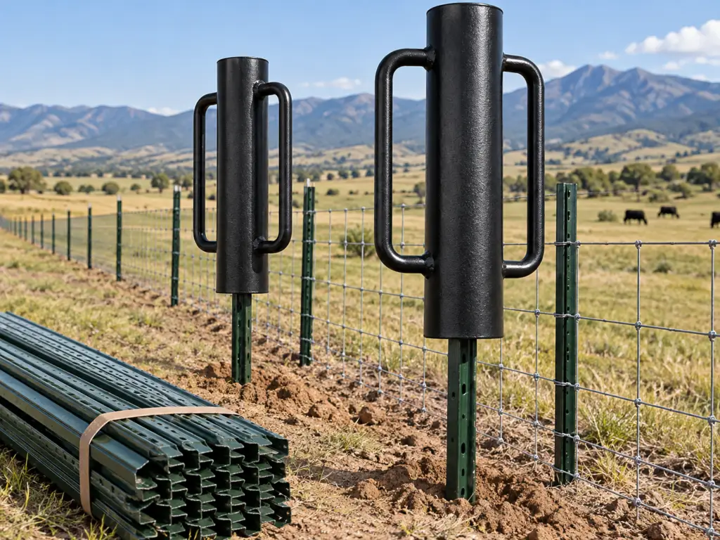 Heavy-duty steel T-post drivers positioned on green T-posts along a ranch fence with bundled posts ready for agricultural and contractor installation.