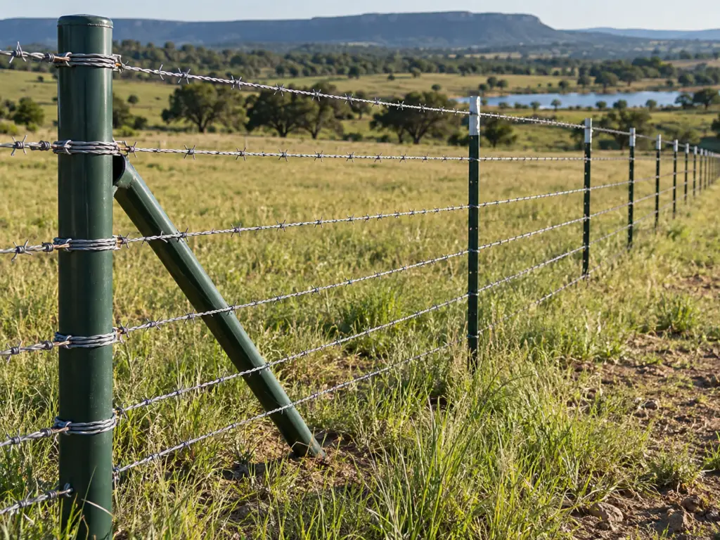 High-tensile barbed wire stretched across steel fence posts in pasture fencing for ranch, livestock, farm, and agricultural fence projects.