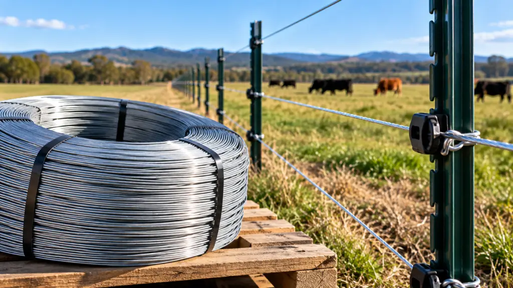 High-tensile electric fence wire installed with insulators on steel T-posts beside cattle pasture for farm, ranch, livestock, and agricultural fencing projects.