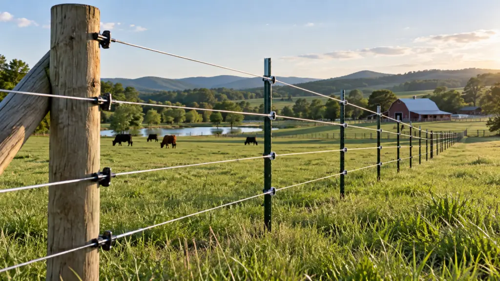 High-tensile wire installed on steel T-posts across pasture fencing for farm, ranch, livestock, agricultural, and electric fence projects.