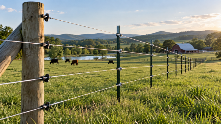High-tensile wire installed on steel T-posts across pasture fencing for farm, ranch, livestock, agricultural, and electric fence projects.
