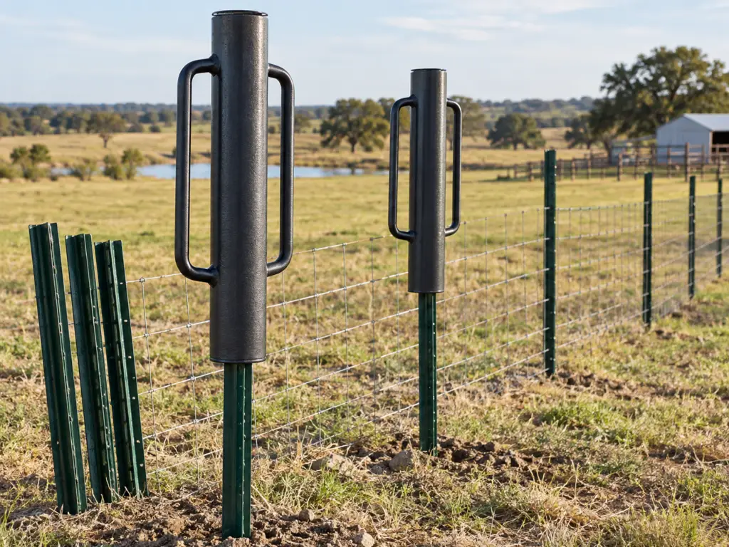 Manual steel T-post drivers positioned over green T-posts along a farm fence for ranch, agricultural, and contractor fence installation.