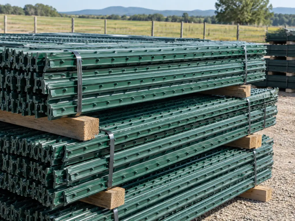 Bundled painted studded steel T-posts stacked in a rural supply yard for farm, ranch, agricultural, and commercial fencing projects.