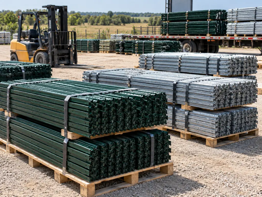 Painted and galvanized steel T-posts bundled on pallets in a rural supply yard for bulk farm, ranch, contractor, and commercial fencing orders.