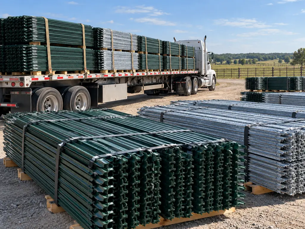 Full truckload and project-scale orders of painted and galvanized steel T-posts staged in a rural supply yard for large farm, ranch, contractor, and commercial fencing projects.