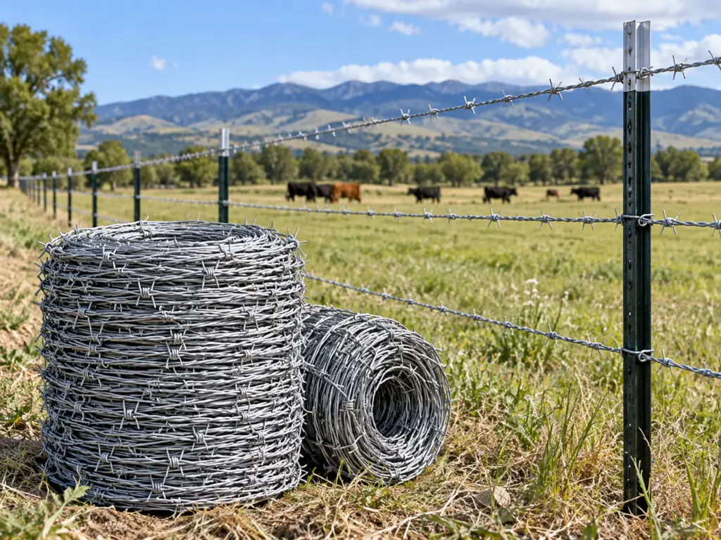 Standard barbed wire installed on steel T-posts with cattle pasture fencing for farm, ranch, livestock, and agricultural fence projects.