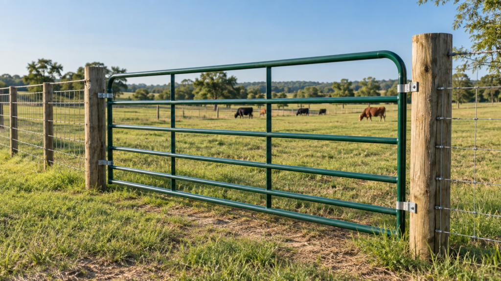 Standard farm and ranch gate installed between wood fence posts for livestock, pasture, agricultural, and ranch fencing projects.