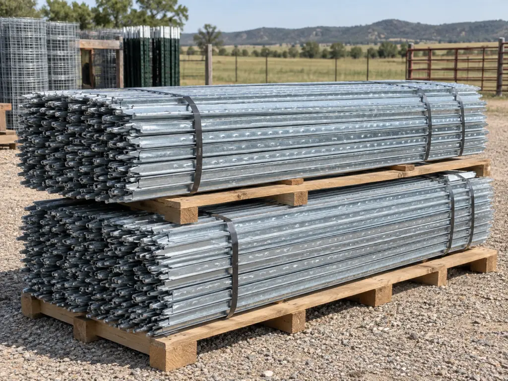 undled standard galvanized steel T-posts stacked on pallets for farm, ranch, agricultural, contractor, and commercial fencing projects.
