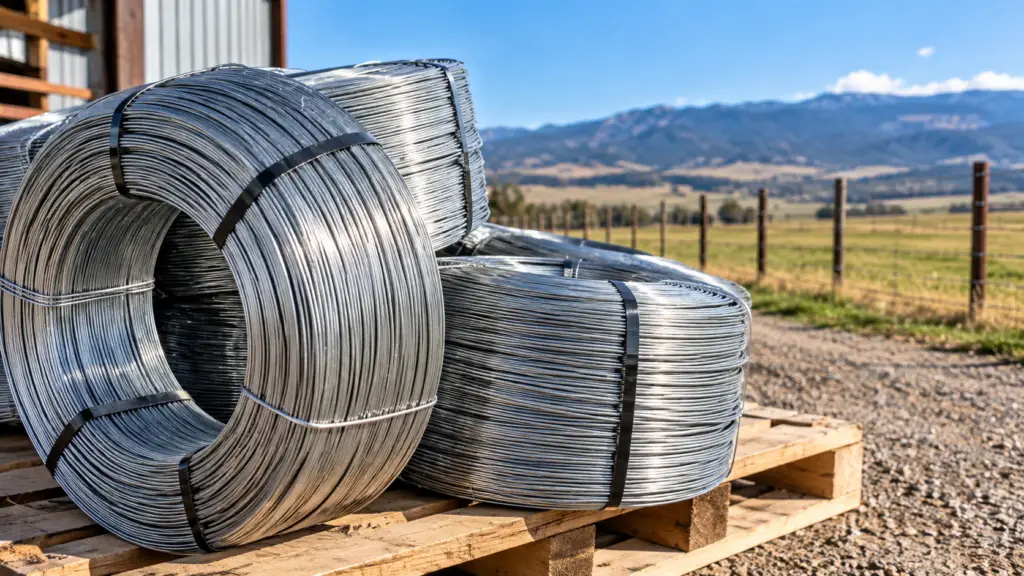 Standard high-tensile wire coils stacked on pallets for farm, ranch, livestock, agricultural, and contractor fencing projects.