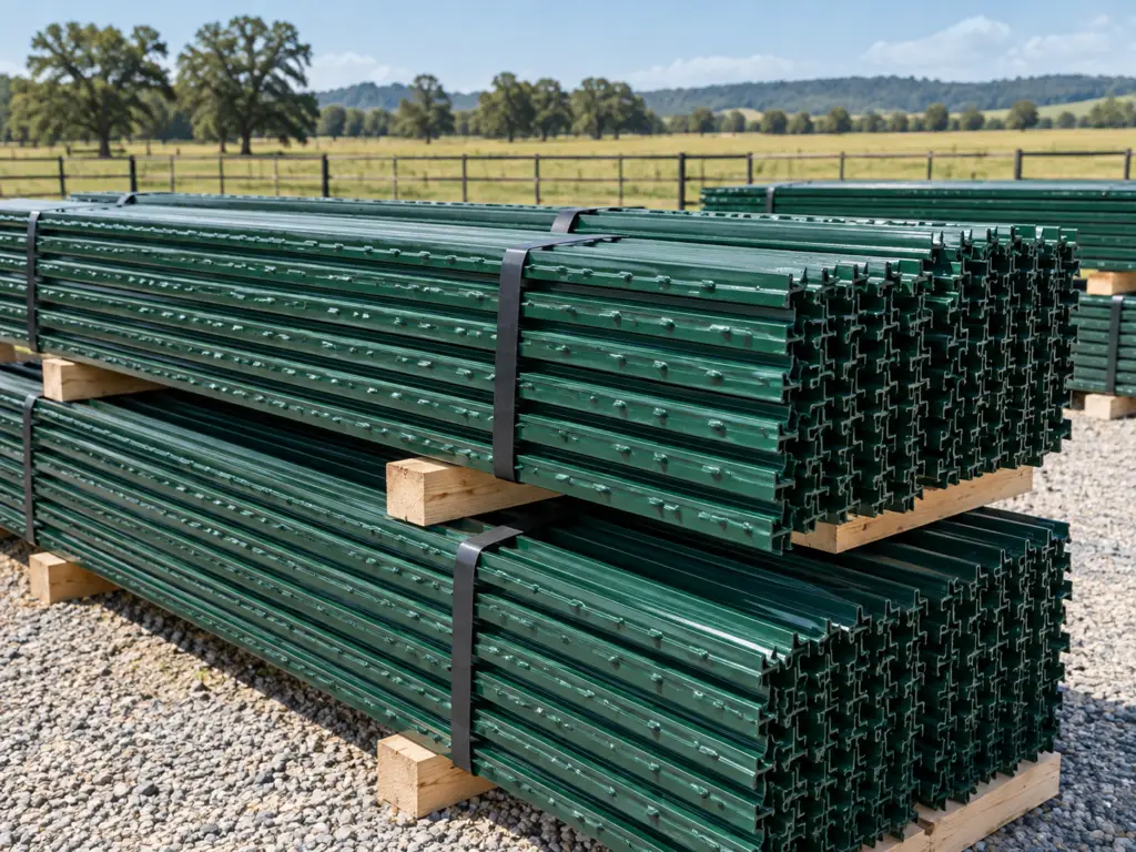 Bundled standard green painted steel T-posts stacked for farm, ranch, agricultural, and contractor fencing projects.