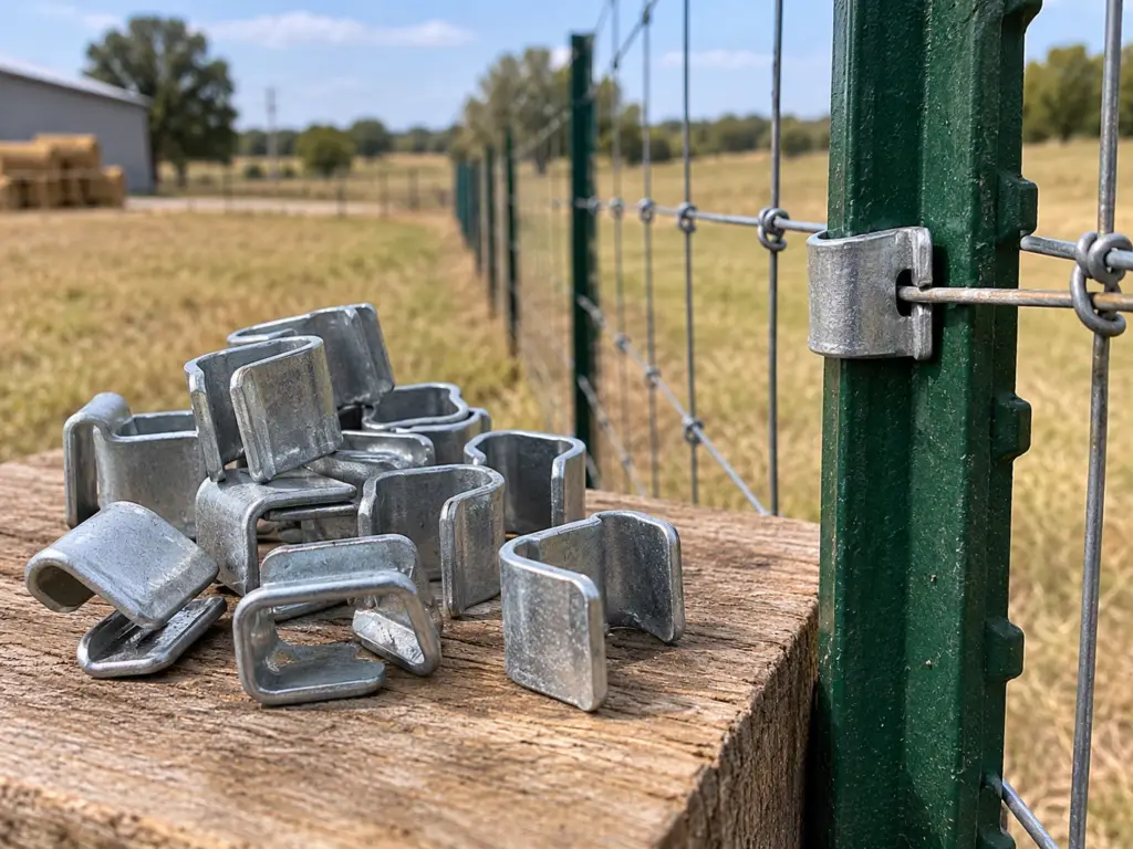 Galvanized T-post wire clips shown beside a green steel T-post securing woven wire fencing for farm, ranch, and agricultural fence projects.