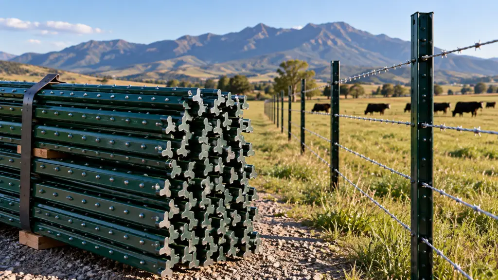 Bulk green studded steel T-posts beside a barbed-wire fence for farm, ranch, agricultural, and commercial fencing projects.