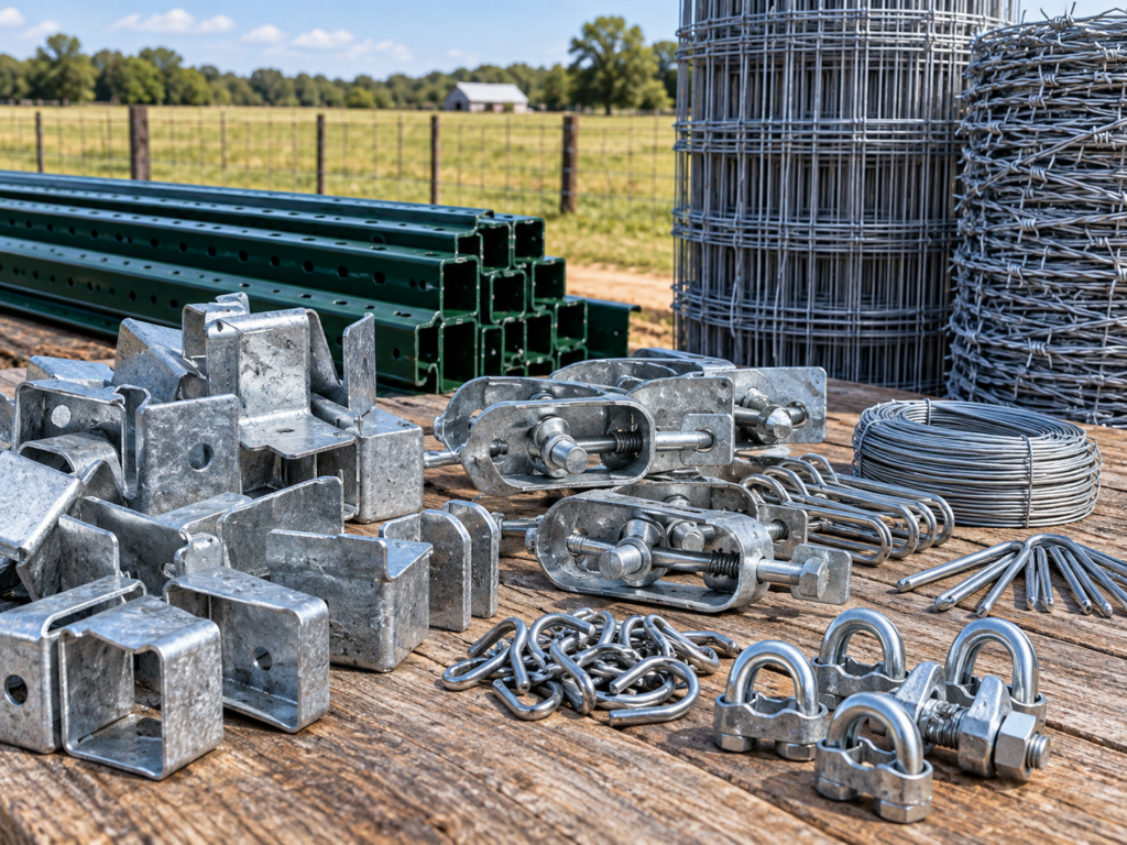 -post clips, fasteners, wire hardware, brackets, and galvanized fence accessories for farm, ranch, livestock, agricultural, and contractor fencing projects.