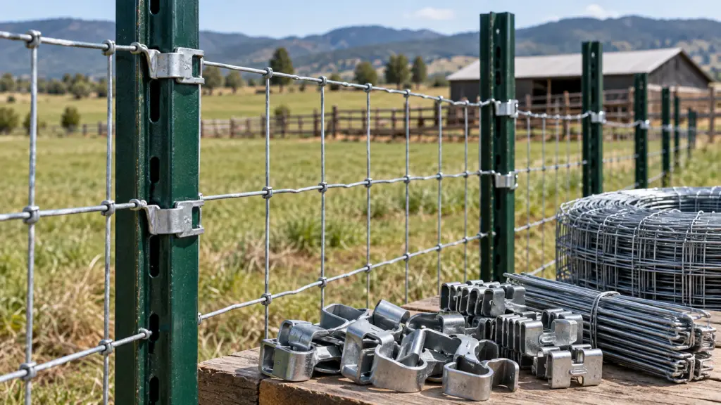 T-post clips and fasteners securing wire fencing to steel T-posts for farm, ranch, agricultural, and contractor fence projects.