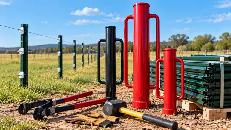 T-post drivers and tools staged with steel T-posts for farm, ranch, agricultural, contractor, and commercial fence installation.