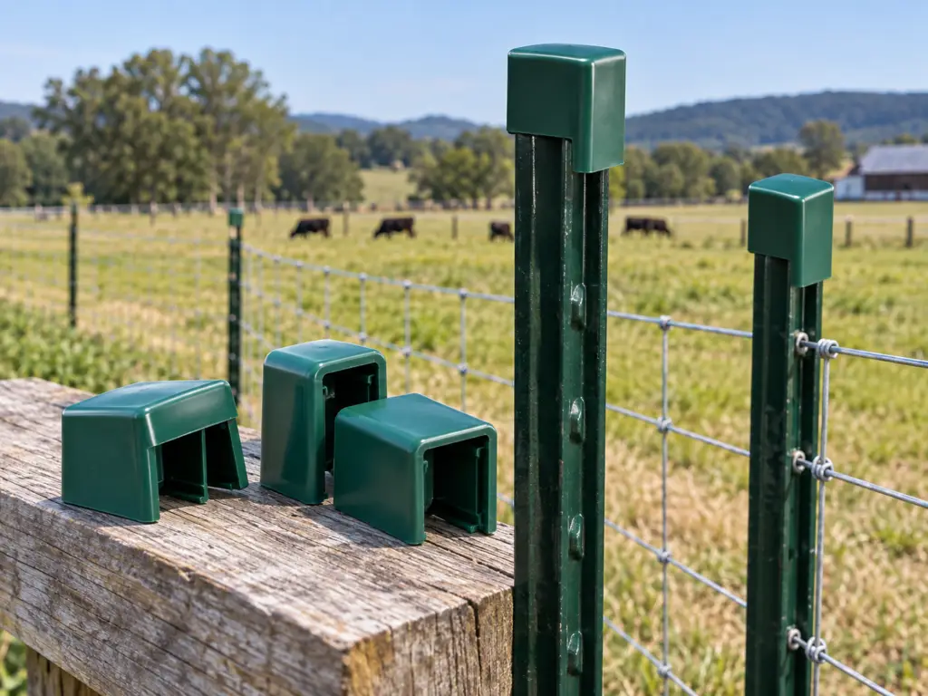 Green safety caps installed on steel T-posts and displayed on a fence rail in a farm setting for post protection and safer fence installations.