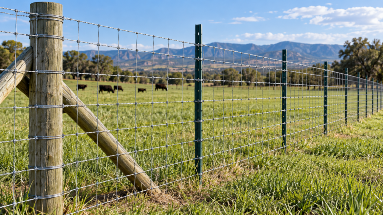 Woven wire and field fence installed with steel T-posts and wood braces around cattle pasture for farm, ranch, livestock, and agricultural fencing projects.