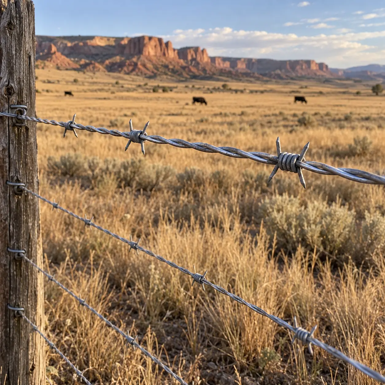 Close-up of galvanized barbed wire secured to a wooden fence post along a cattle pasture.