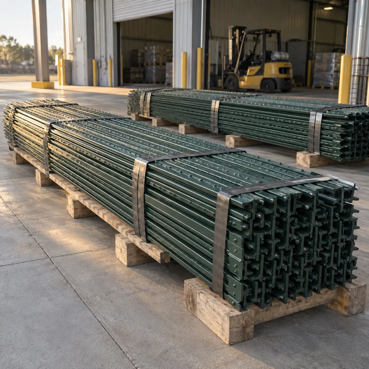 Banded bundles of green steel T-posts on timber skids at a warehouse loading dock.