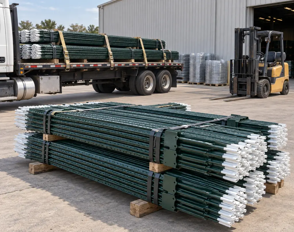 Bundled steel T-posts staged outside a warehouse beside a loaded flatbed truck and forklift.
