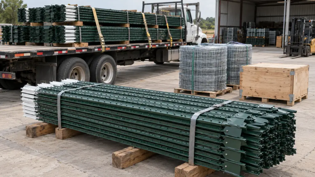 Bundled steel T-posts and palletized fence wire staged beside a loaded flatbed truck for bulk delivery.