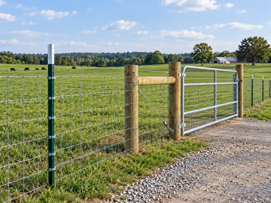 Complete pasture fence system with steel T-posts, woven wire, wooden H-bracing, and a galvanized farm gate.