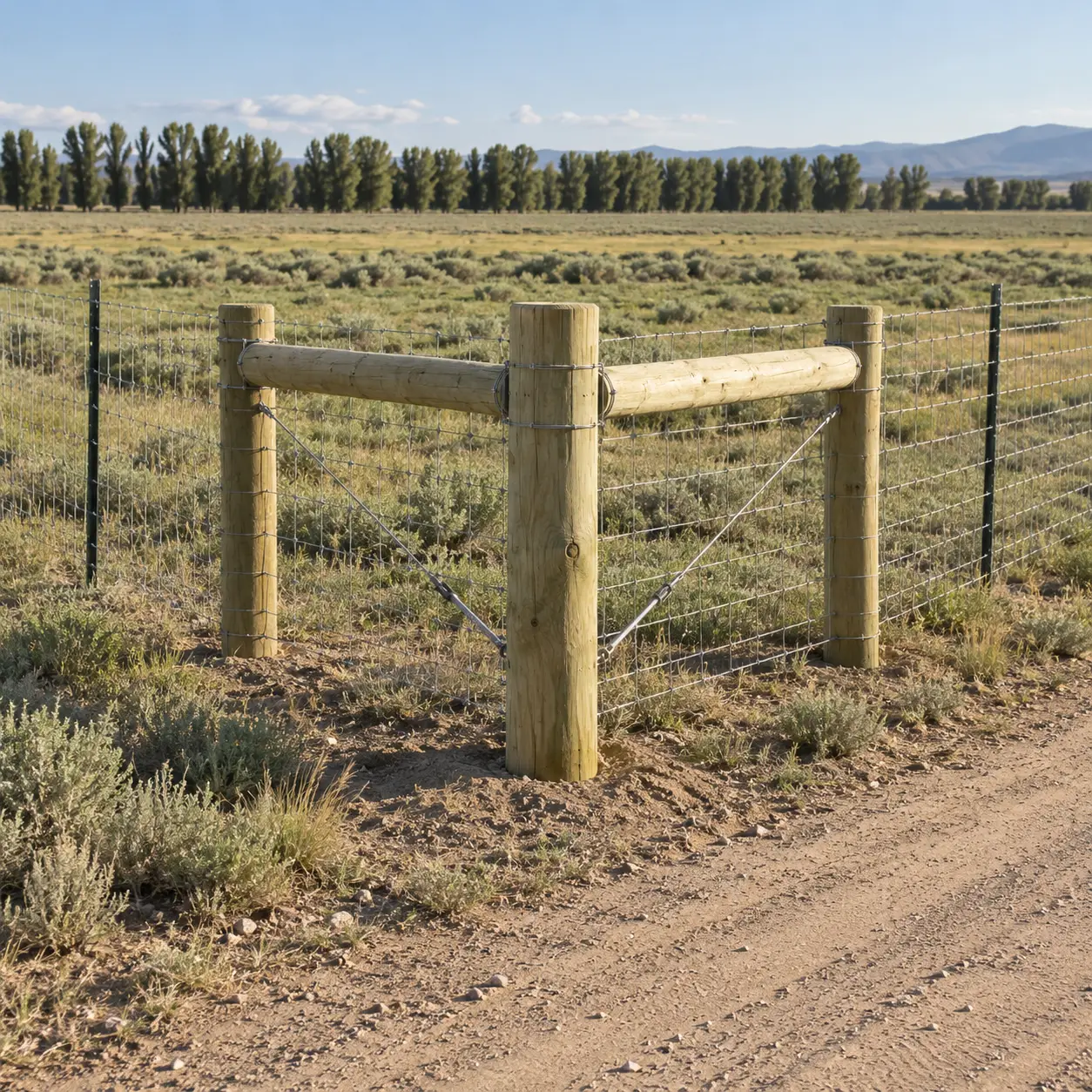 Wooden corner and brace posts with horizontal rails and diagonal brace wires supporting a ranch fence junction.