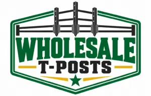 Wholesale T-Posts logo with steel fence posts, ranch fencing, and a green and gold badge.
