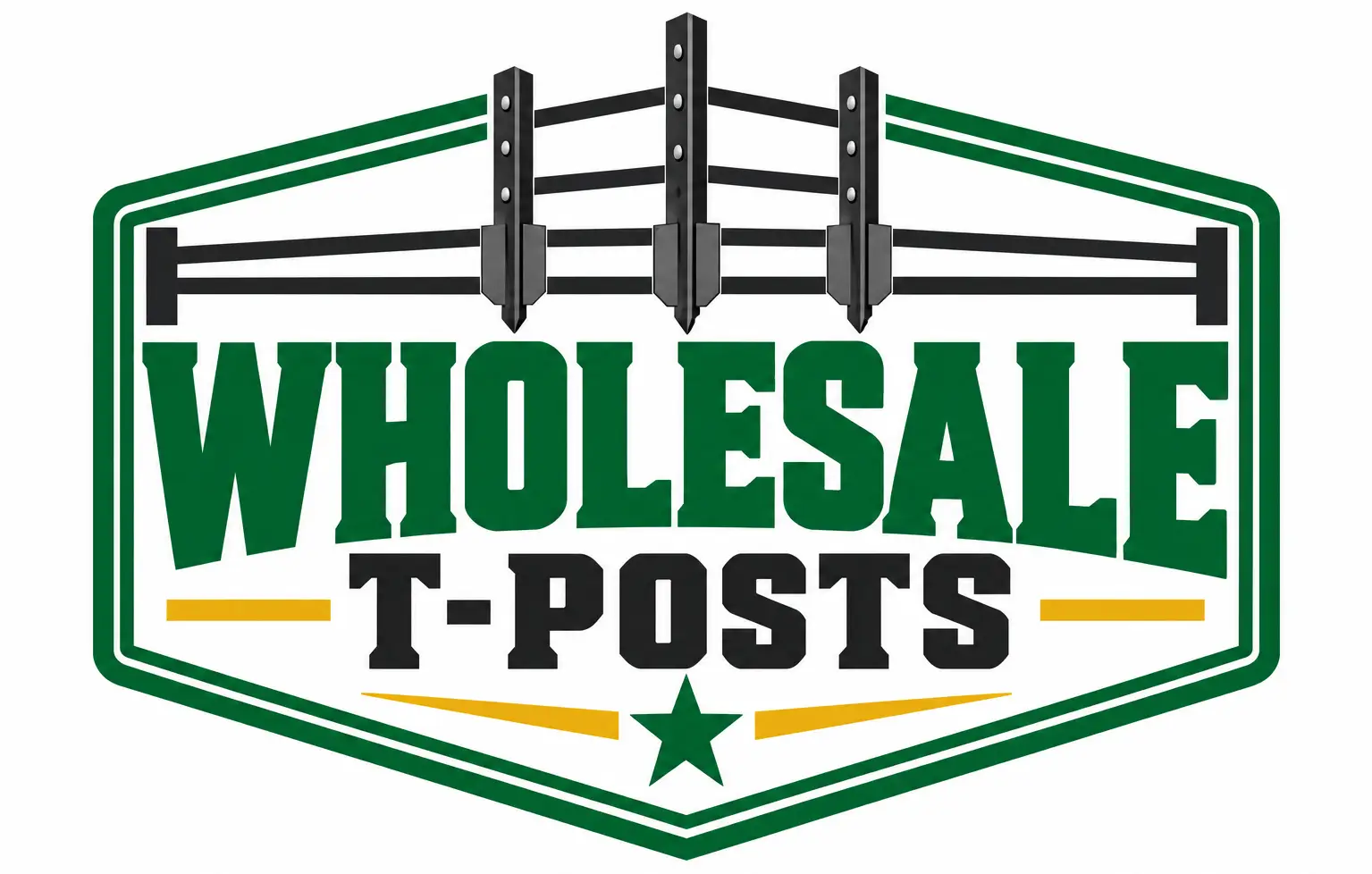 Wholesale T-Posts logo with steel fence posts, ranch fencing, and a green and gold badge.