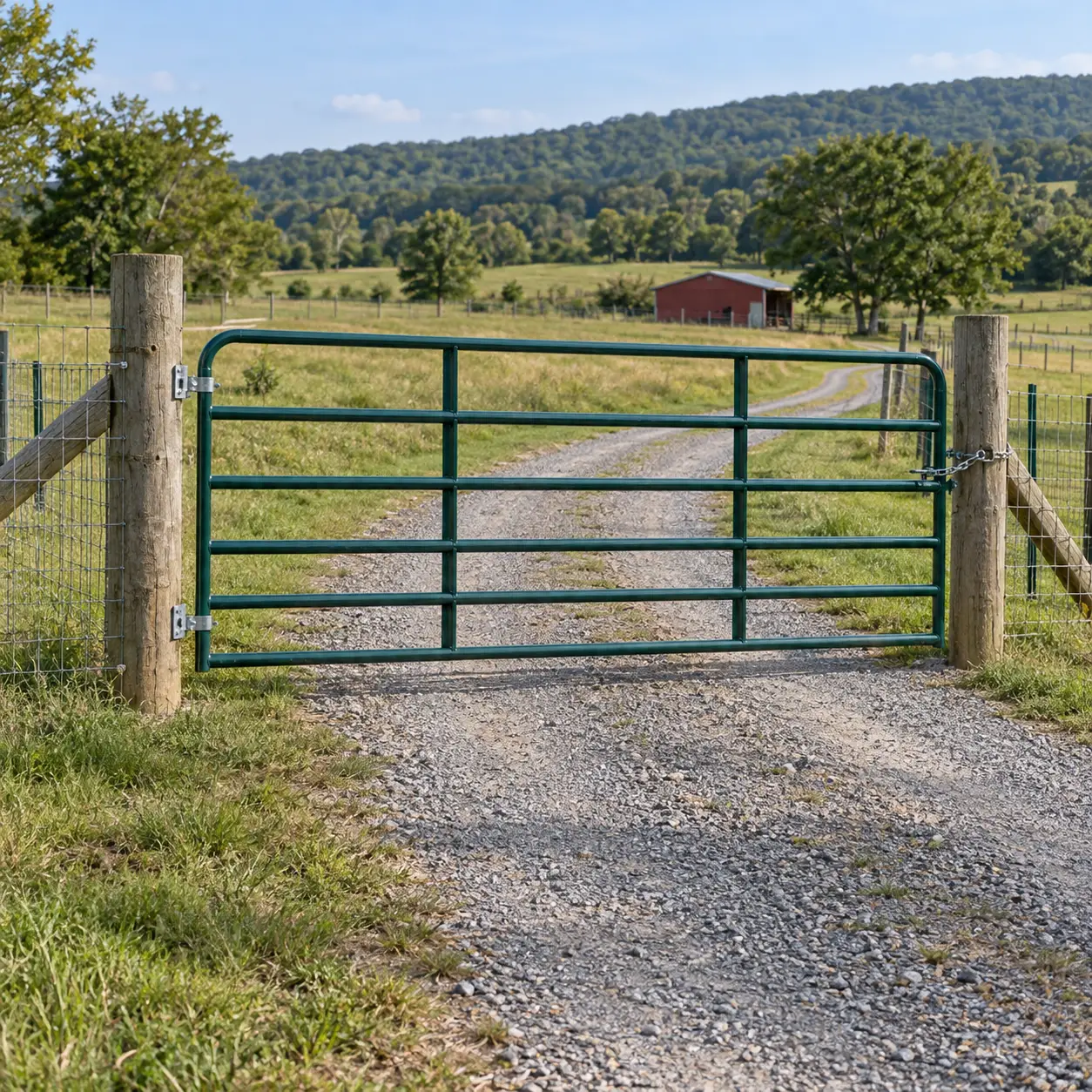 Green tubular steel farm gate mounted between wooden posts across a gravel ranch entrance.